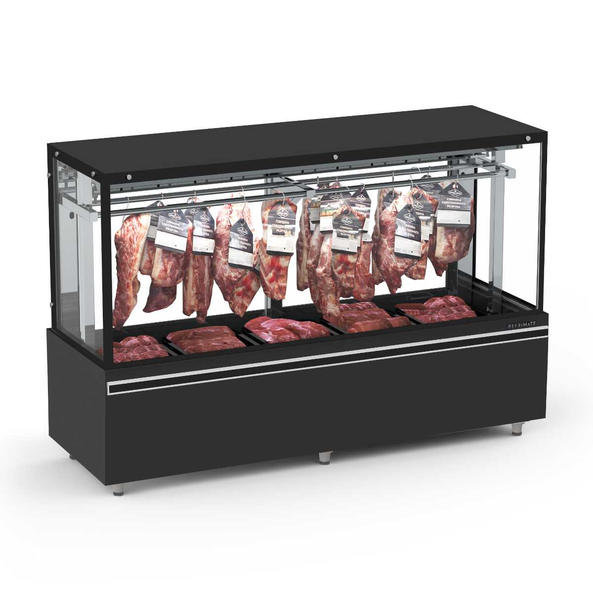 Expositor Açougue Vanguard Top 2,00m Gancheira Vidro Aquecido Ar Forçado EAVTVRG2000AF 220V - Refrimate